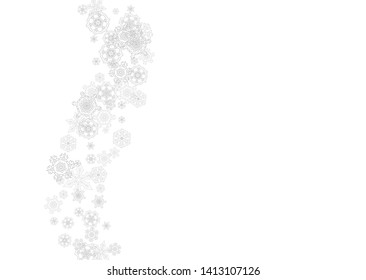 Snowflakes falling on white background. Horizontal Christmas and Happy New Year theme. Silver falling snowflakes for banner, gift card, party invitation, partner compliment and special business offers