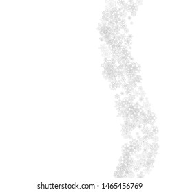 Snowflakes falling on white background. Merry Christmas and Happy New Year theme. Silver falling snowflakes for banners, gift cards, party invitations, partner compliments and special business offers.