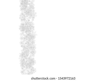 Snowflakes falling on white background. Horizontal Christmas and Happy New Year theme. Silver falling snowflakes for banner, gift card, party invitation, partner compliment and special business offers