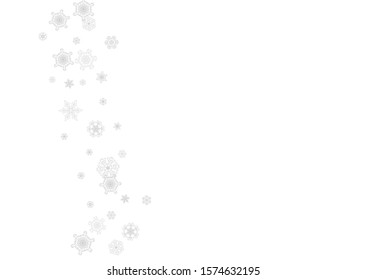 Snowflakes falling on white background. Horizontal Christmas and Happy New Year theme. Silver falling snowflakes for banner, gift card, party invitation, partner compliment and special business offers