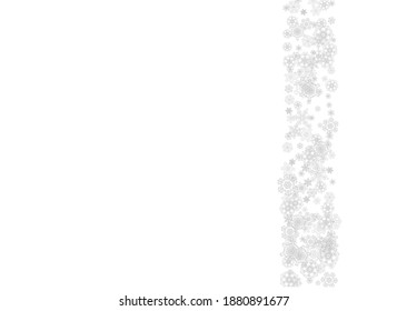 Snowflakes falling on white background. Horizontal Christmas and Happy New Year theme. Silver falling snowflakes for banner, gift card, party invitation, partner compliment and special business offers