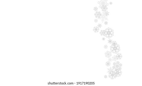 Schneeflocken fallen auf weißem Hintergrund. Horizontale Weihnachten und glückliches neues Jahr Thema. Silver fallende Schneeflocken für Banner, Geschenkkarte, Partyeinladung, Partnerergänzung und spezielle Business-Angebote