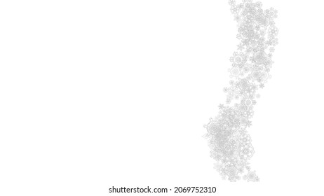Snowflakes falling on white background. Horizontal Christmas and Happy New Year theme. Silver falling snowflakes for banner, gift card, party invitation, partner compliment and special business offers