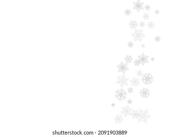 Snowflakes falling on white background. Horizontal Christmas and Happy New Year theme. Silver falling snowflakes for banner, gift card, party invitation, partner compliment and special business offers