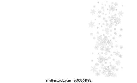 Snowflakes falling on white background. Horizontal Christmas and Happy New Year theme. Silver falling snowflakes for banner, gift card, party invitation, partner compliment and special business offers