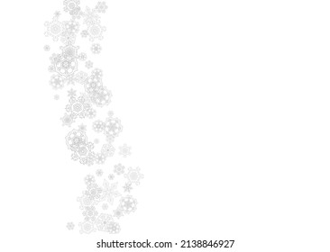 Snowflakes falling on white background. Horizontal Christmas and Happy New Year theme. Silver falling snowflakes for banner, gift card, party invitation, partner compliment and special business offers