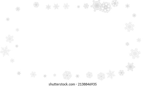 Snowflakes falling on white background. Horizontal Christmas and Happy New Year theme. Silver falling snowflakes for banner, gift card, party invitation, partner compliment and special business offers