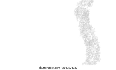 Snowflakes falling on white background. Horizontal Christmas and Happy New Year theme. Silver falling snowflakes for banner, gift card, party invitation, partner compliment and special business offers