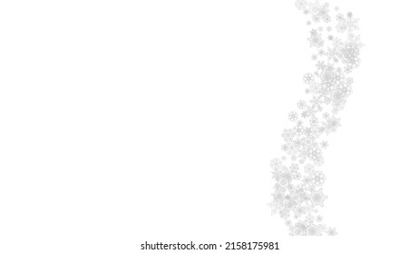 Snowflakes falling on white background. Horizontal Christmas and Happy New Year theme. Silver falling snowflakes for banner, gift card, party invitation, partner compliment and special business offers