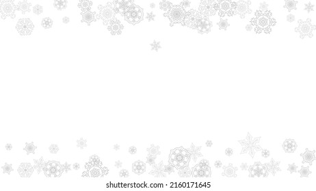 Schneeflocken fallen auf weißem Hintergrund. Horizontale Weihnachten und glückliches neues Jahr Thema. Silver fallende Schneeflocken für Banner, Geschenkkarte, Partyeinladung, Partnerergänzung und spezielle Business-Angebote