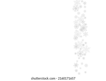 Snowflakes falling on white background. Horizontal Christmas and Happy New Year theme. Silver falling snowflakes for banner, gift card, party invitation, partner compliment and special business offers