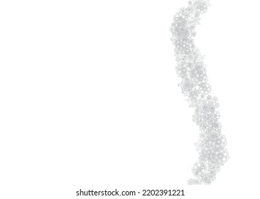 Snowflakes falling on white background. Horizontal Christmas and Happy New Year theme. Silver falling snowflakes for banner, gift card, party invitation, partner compliment and special business offers