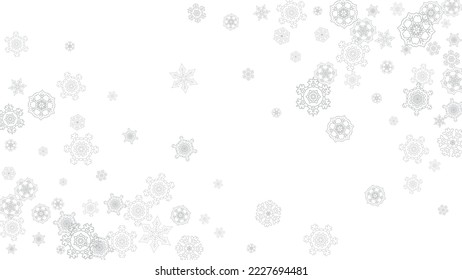 Snowflakes falling on white background. Horizontal Christmas and Happy New Year theme. Silver falling snowflakes for banner, gift card, party invitation, partner compliment and special business offers