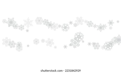 Snowflakes falling on white background. Horizontal Christmas and Happy New Year theme. Silver falling snowflakes for banner, gift card, party invitation, partner compliment and special business offers