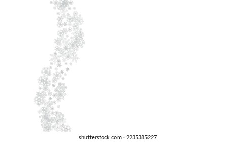 Snowflakes falling on white background. Horizontal Christmas and Happy New Year theme. Silver falling snowflakes for banner, gift card, party invitation, partner compliment and special business offers