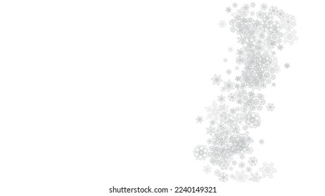 Snowflakes falling on white background. Horizontal Christmas and Happy New Year theme. Silver falling snowflakes for banner, gift card, party invitation, partner compliment and special business offers