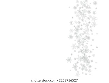 Snowflakes falling on white background. Horizontal Christmas and Happy New Year theme. Silver falling snowflakes for banner, gift card, party invitation, partner compliment and special business offers