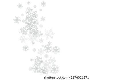 Snowflakes falling on white background. Horizontal Christmas and Happy New Year theme. Silver falling snowflakes for banner, gift card, party invitation, partner compliment and special business offers