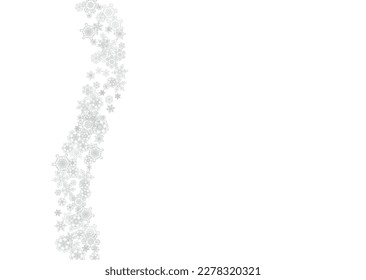 Snowflakes falling on white background. Horizontal Christmas and Happy New Year theme. Silver falling snowflakes for banner, gift card, party invitation, partner compliment and special business offers