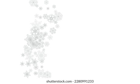 Snowflakes falling on white background. Horizontal Christmas and Happy New Year theme. Silver falling snowflakes for banner, gift card, party invitation, partner compliment and special business offers