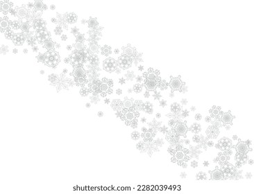 Snowflakes falling on white background. Horizontal Christmas and Happy New Year theme. Silver falling snowflakes for banner, gift card, party invitation, partner compliment and special business offers