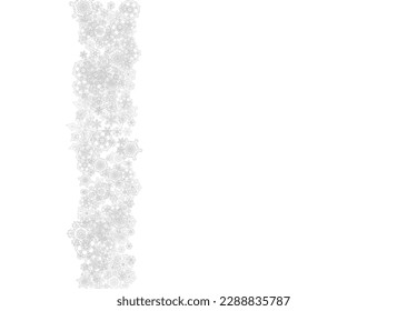 Snowflakes falling on white background. Horizontal Christmas and Happy New Year theme. Silver falling snowflakes for banner, gift card, party invitation, partner compliment and special business offers