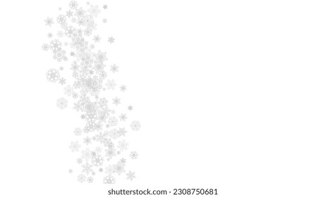 Snowflakes falling on white background. Horizontal Christmas and Happy New Year theme. Silver falling snowflakes for banner, gift card, party invitation, partner compliment and special business offers