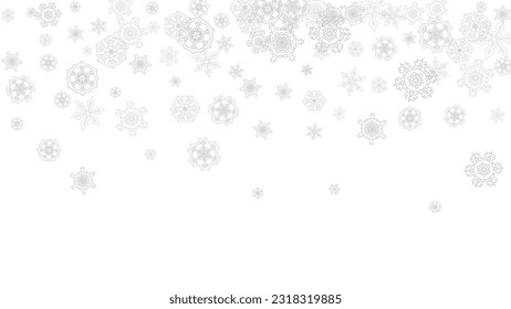 Snowflakes falling on white background. Horizontal Christmas and Happy New Year theme. Silver falling snowflakes for banner, gift card, party invitation, partner compliment and special business offers
