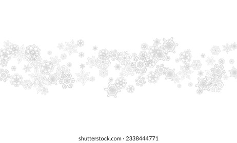 Snowflakes falling on white background. Horizontal Christmas and Happy New Year theme. Silver falling snowflakes for banner, gift card, party invitation, partner compliment and special business offers