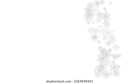 Snowflakes falling on white background. Horizontal Christmas and Happy New Year theme. Silver falling snowflakes for banner, gift card, party invitation, partner compliment and special business offers