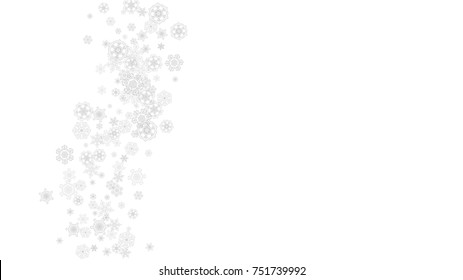 Snowflakes falling on white background. Horizontal Christmas and Happy New Year theme. Silver falling snowflakes for banner, gift card, party invitation, partner compliment and special business offers