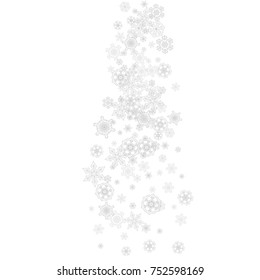 Snowflakes falling on white background. Merry Christmas and Happy New Year theme. Silver falling snowflakes for banners, gift cards, party invitations, partner compliments and special business offers.