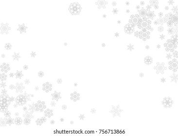 Snowflakes falling on white background. Horizontal Christmas and Happy New Year theme. Silver falling snowflakes for banner, gift card, party invitation, partner compliment and special business offers
