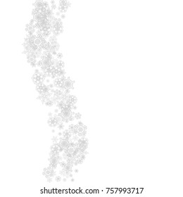 Snowflakes falling on white background. Merry Christmas and Happy New Year theme. Silver falling snowflakes for banners, gift cards, party invitations, partner compliments and special business offers.