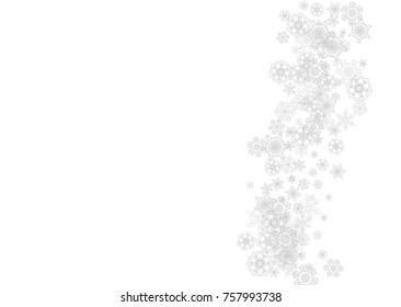 Snowflakes falling on white background. Horizontal Christmas and Happy New Year theme. Silver falling snowflakes for banner, gift card, party invitation, partner compliment and special business offers