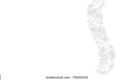Snowflakes falling on white background. Horizontal Christmas and Happy New Year theme. Silver falling snowflakes for banner, gift card, party invitation, partner compliment and special business offers