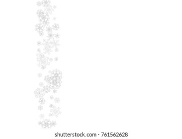 Snowflakes falling on white background. Horizontal Christmas and Happy New Year theme. Silver falling snowflakes for banner, gift card, party invitation, partner compliment and special business offers