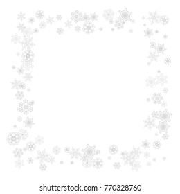 Snowflakes falling on white background. Merry Christmas and Happy New Year theme. Silver falling snowflakes for banners, gift cards, party invitations, partner compliments and special business offers.