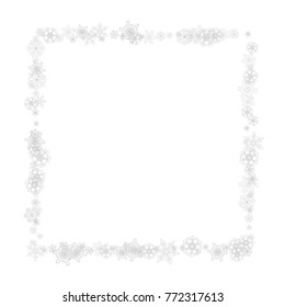Snowflakes falling on white background. Merry Christmas and Happy New Year theme. Silver falling snowflakes for banners, gift cards, party invitations, partner compliments and special business offers.