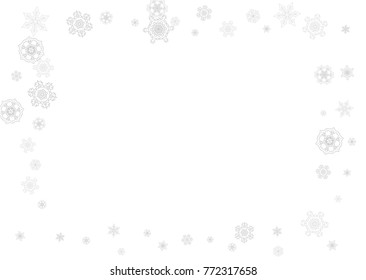 Snowflakes falling on white background. Horizontal Christmas and Happy New Year theme. Silver falling snowflakes for banner, gift card, party invitation, partner compliment and special business offers