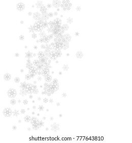 Snowflakes falling on white background. Merry Christmas and Happy New Year theme. Silver falling snowflakes for banners, gift cards, party invitations, partner compliments and special business offers.