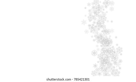 Snowflakes falling on white background. Horizontal Christmas and Happy New Year theme. Silver falling snowflakes for banner, gift card, party invitation, partner compliment and special business offers