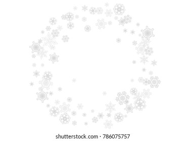 Snowflakes falling on white background. Horizontal Christmas and Happy New Year theme. Silver falling snowflakes for banner, gift card, party invitation, partner compliment and special business offers