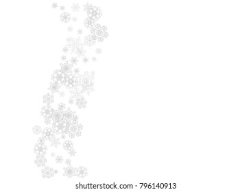 Snowflakes falling on white background. Horizontal Christmas and Happy New Year theme. Silver falling snowflakes for banner, gift card, party invitation, partner compliment and special business offers