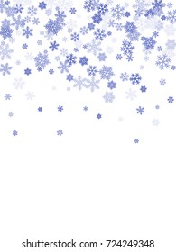 Snowflakes falling on white winter vector background. Snow flakes macro illustration, water freezing parts, snow elements, flakes confetti chaotic scatter. Cold weather symbols on white background.