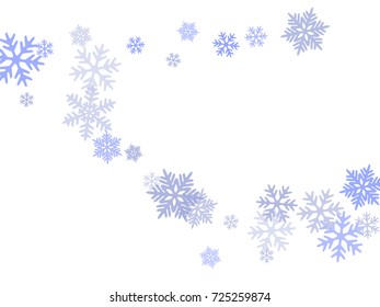 Snowflakes falling on white winter vector background. Snow flakes macro illustration, water freezing parts, snow elements, flakes confetti chaotic scatter. Cold weather symbols on white background.