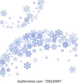 Snowflakes falling on white winter vector background. Snow flakes macro illustration, water freezing parts, snow elements, flakes confetti chaotic scatter. Cold weather symbols on white background.
