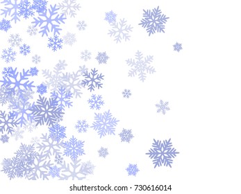 Snowflakes falling on white winter vector background. Snow flakes macro illustration, water freezing parts, snow elements, flakes confetti chaotic scatter. Cold weather symbols on white background.