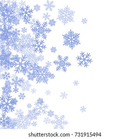 Snowflakes falling on white winter vector background. Snow flakes macro illustration, water freezing parts, snow elements, flakes confetti chaotic scatter. Cold weather symbols on white background.