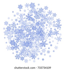 Snowflakes falling on white winter vector background. Snow flakes macro illustration, water freezing parts, snow elements, flakes confetti chaotic scatter. Cold weather symbols on white background.